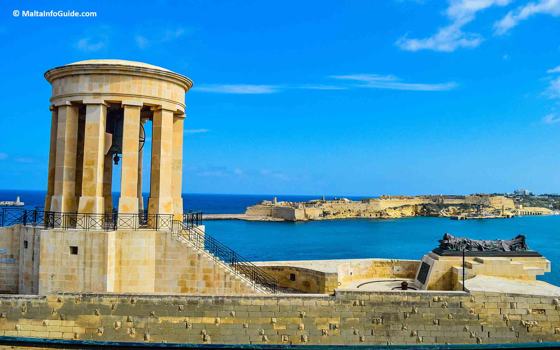 The Siege Bell War Memorial opposite Lower Barakka Gardens in Valletta.