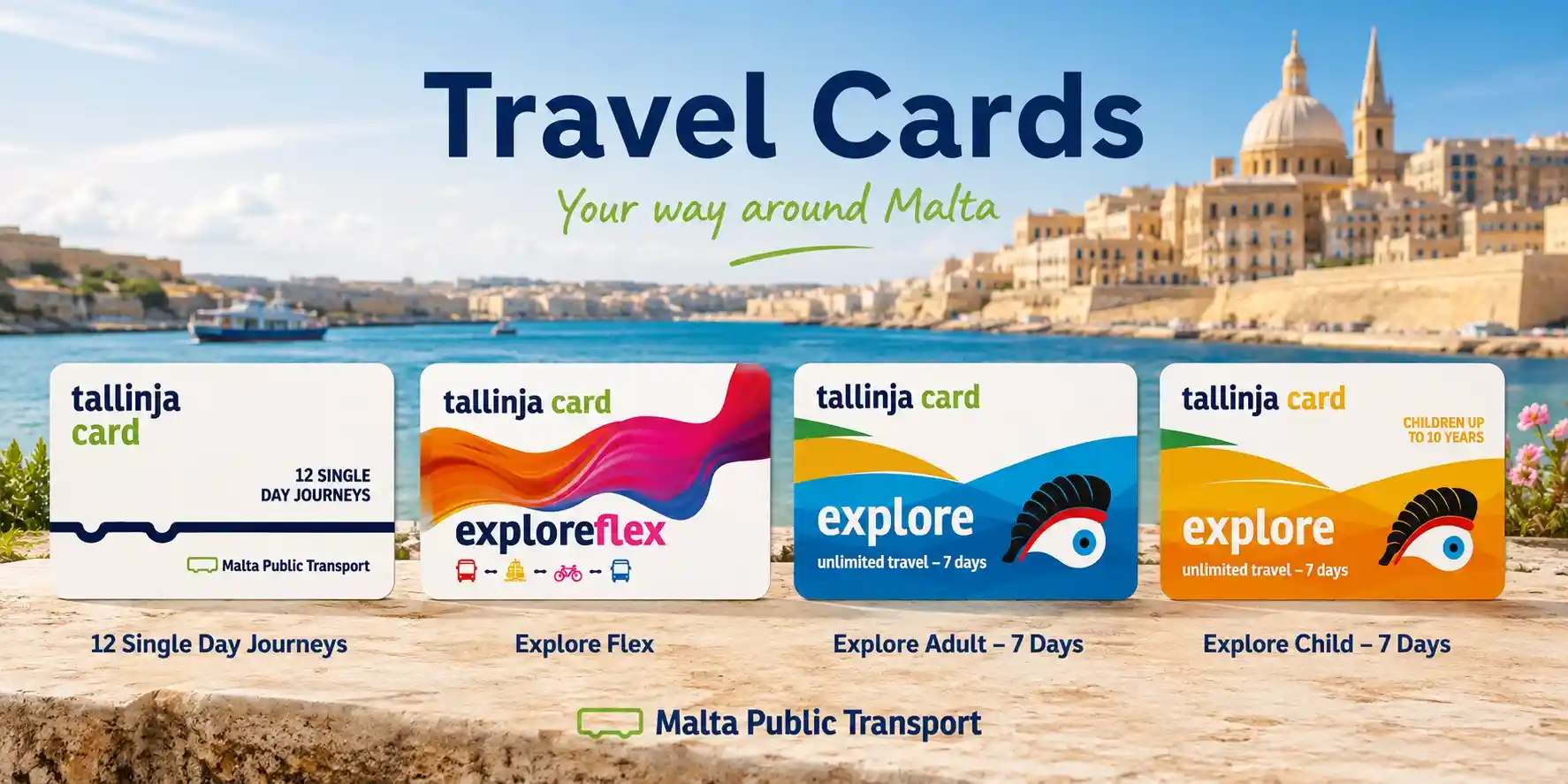 Four Tallinja travel cards displayed beside Malta waterfront.