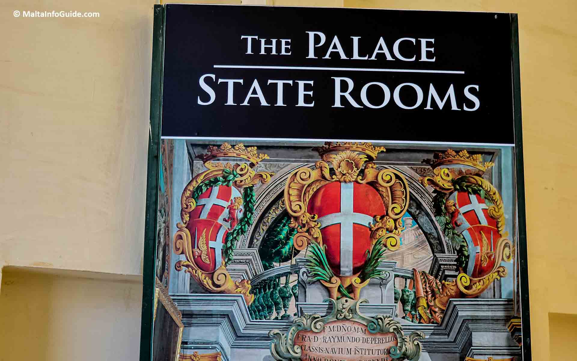 A sign of the Palace State Rooms before entrance at Valletta.