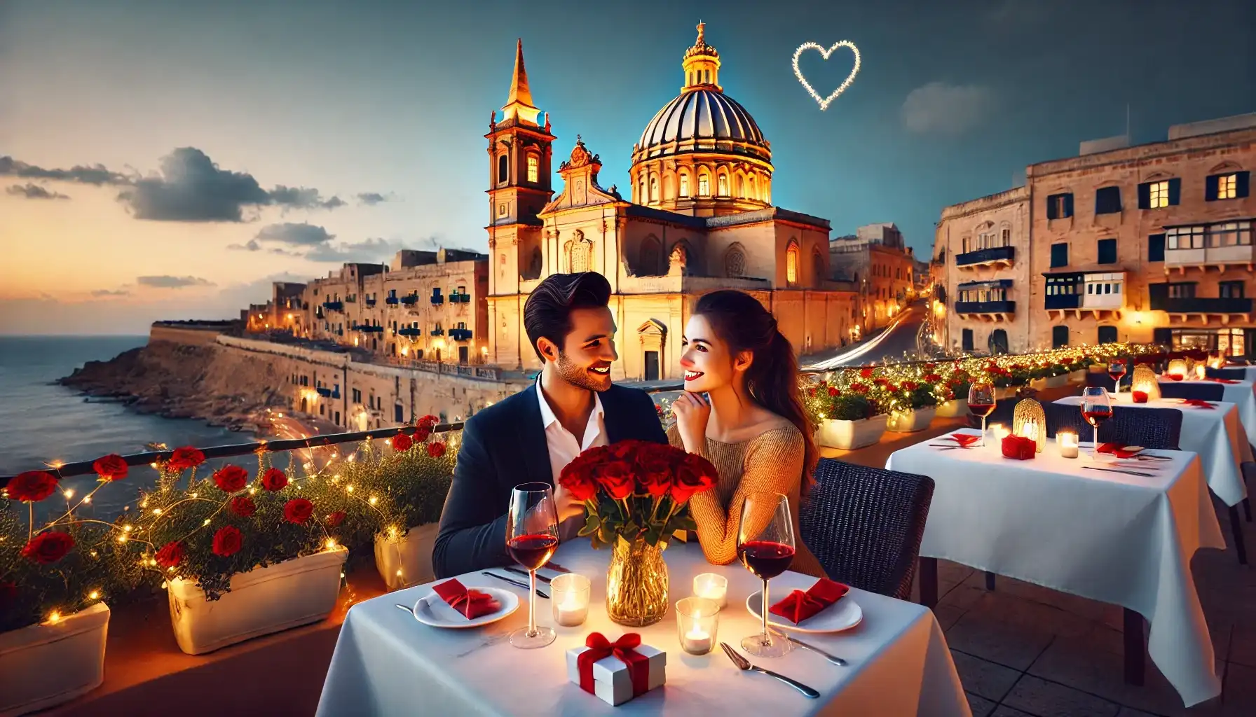 Couple dining on a rooftop in Malta.