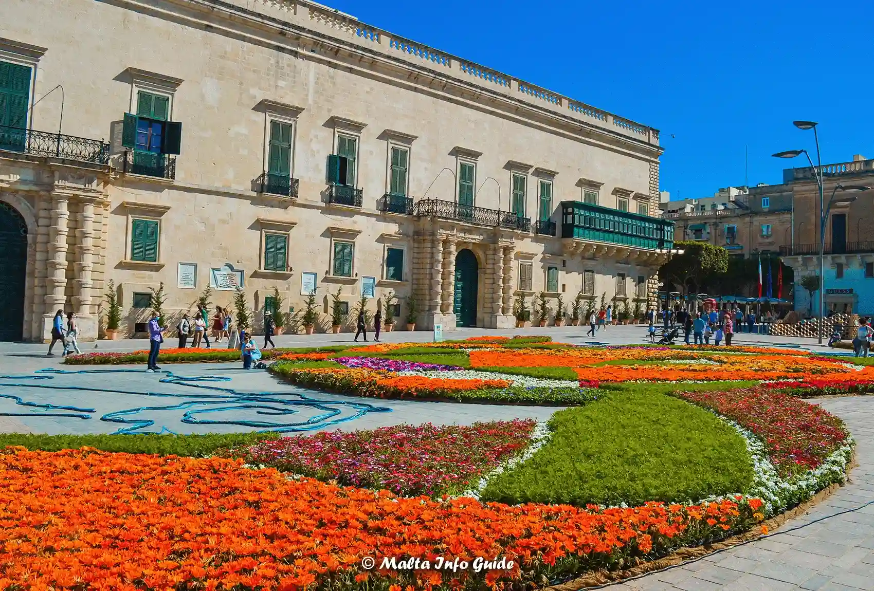 St. George's Square in Valletta surrounded by flowers commemorating the Valletta Green Festival. Green Festival in Valletta Malta.