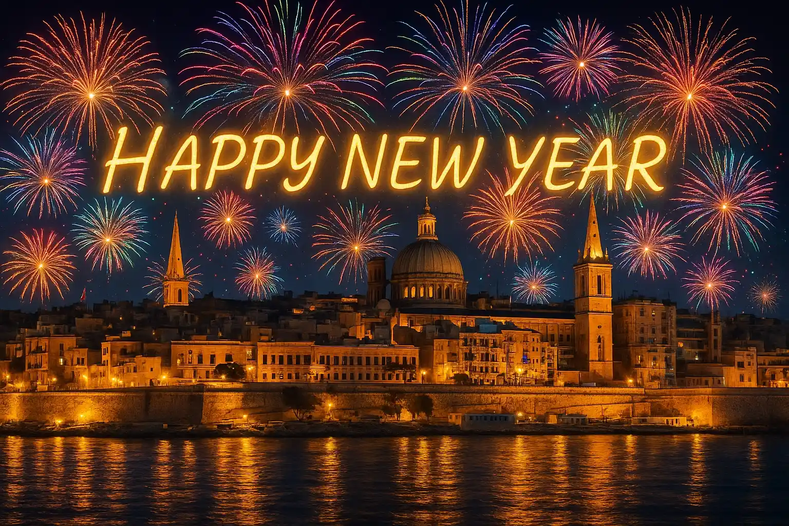 Valletta during New Year's Eve fireworks display. Valletta during New Year's Eve fireworks display.