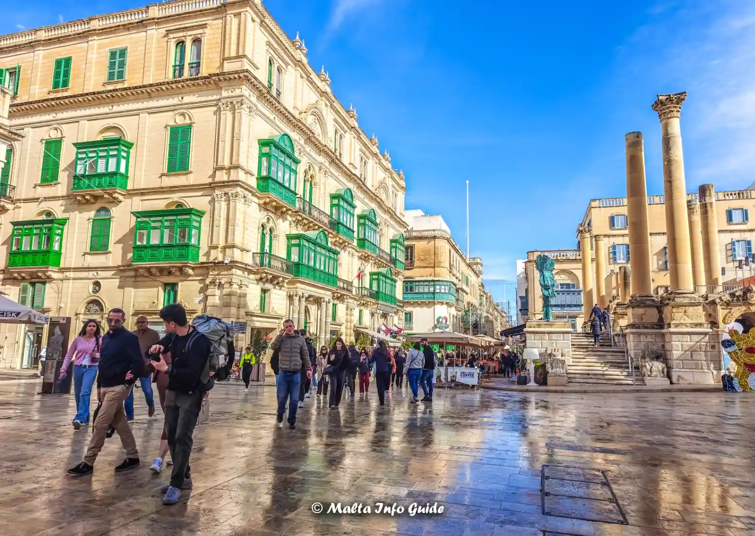 Wet Valletta streets after February rain.