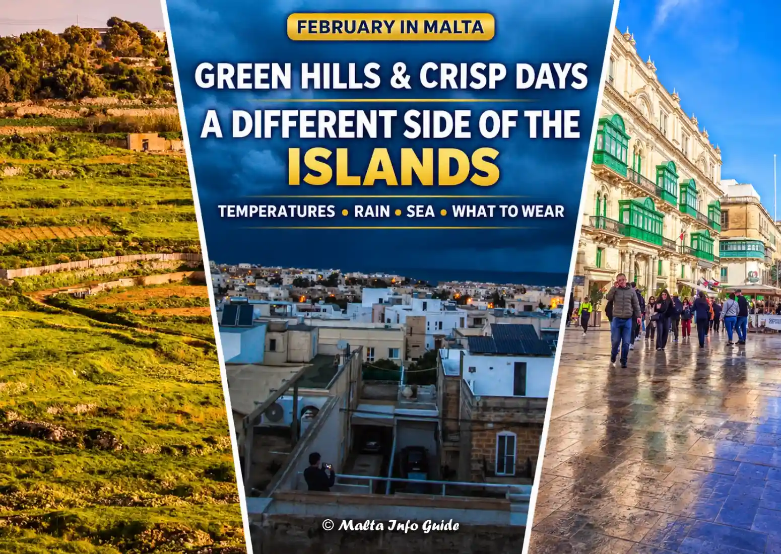 February weather in Malta with countryside and Valletta.
