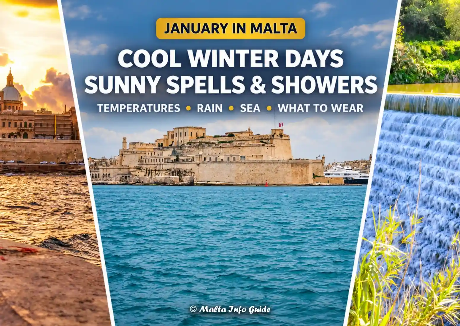 Malta in January showing winter sunshine, the sea and green countryside after rain