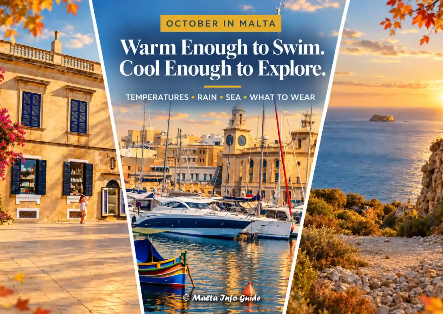Malta October weather collage showing coast, marina and architecture.