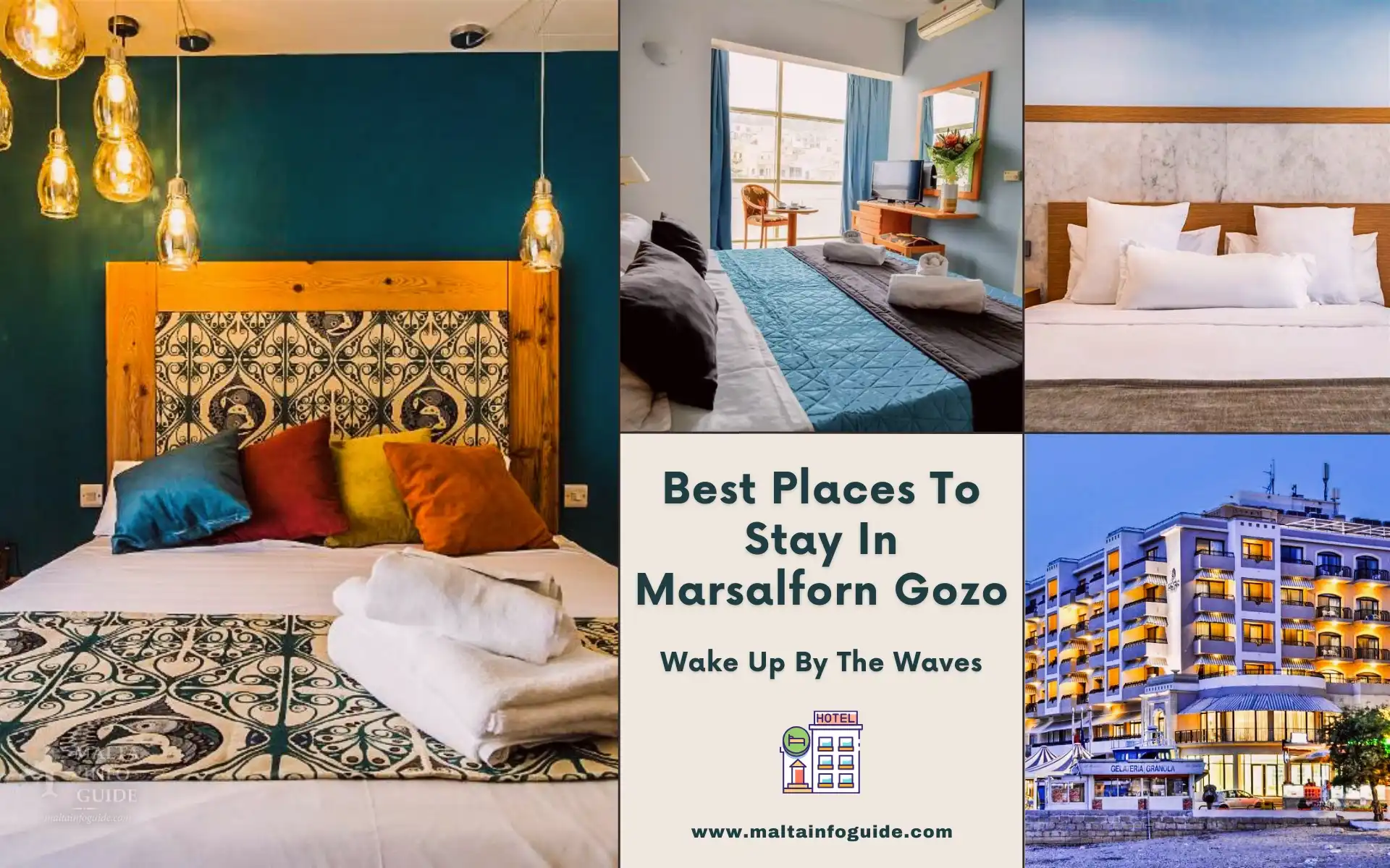 Best places to stay in Marsalforn Gozo – collage of stylish hotel rooms and a seafront hotel lit up at dusk.