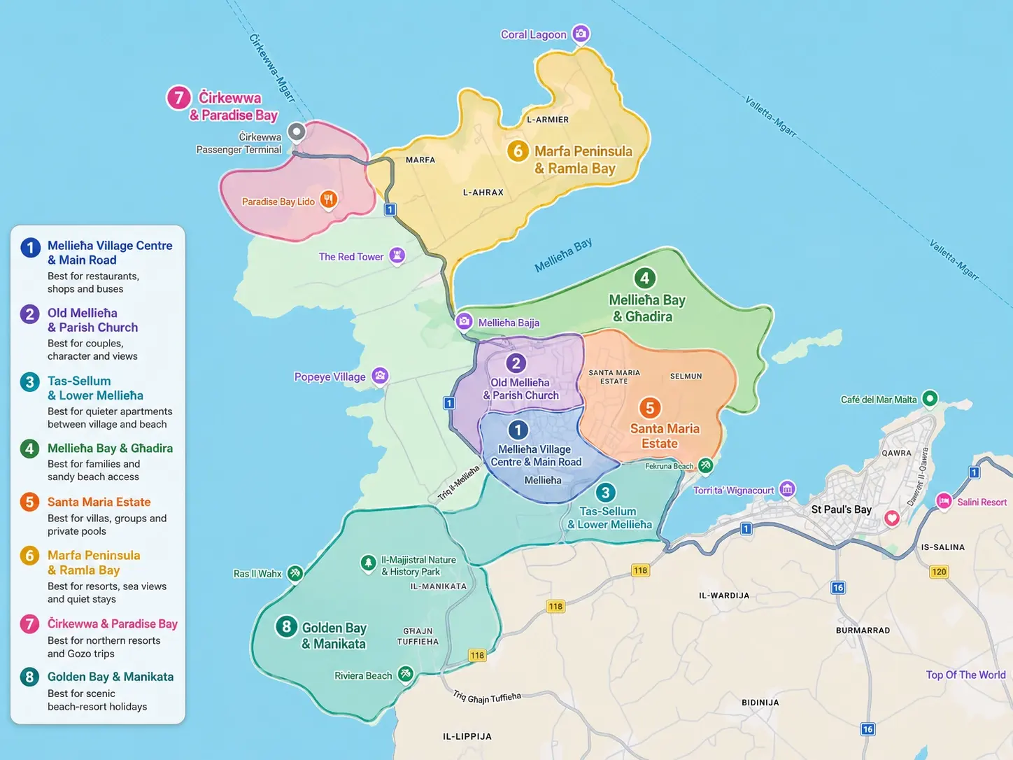 Map of the best areas to stay in Mellieħa, from the village and bay to Ċirkewwa and Golden Bay.